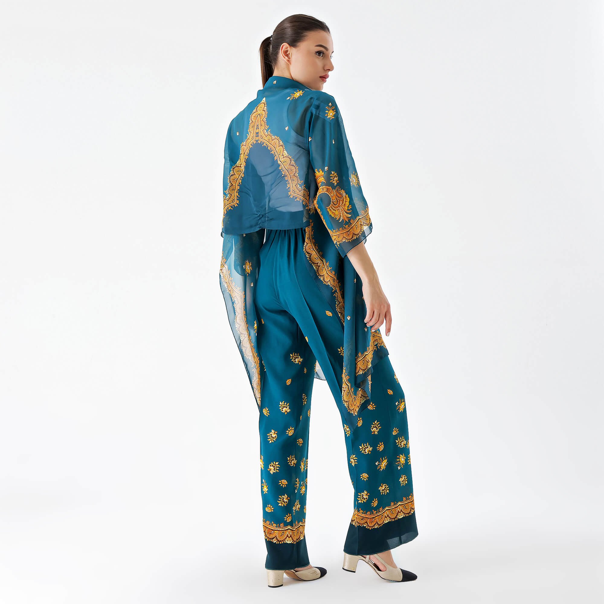 Etro-Turquoise Silk Baroque Printed Cape&Pants Set